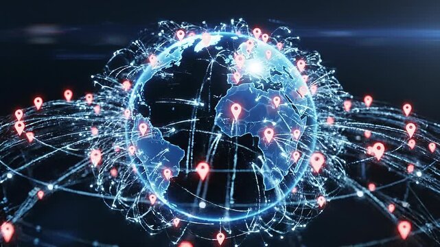 Global digital connectivity network with glowing location markers and data flow across the world map