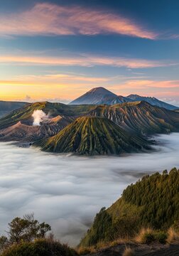 Breathtaking Sunrise View of Mount Bromo, Mount Batok, and Mount Semeru Volcanos Above a Sea of Clouds in East Java, Indonesia