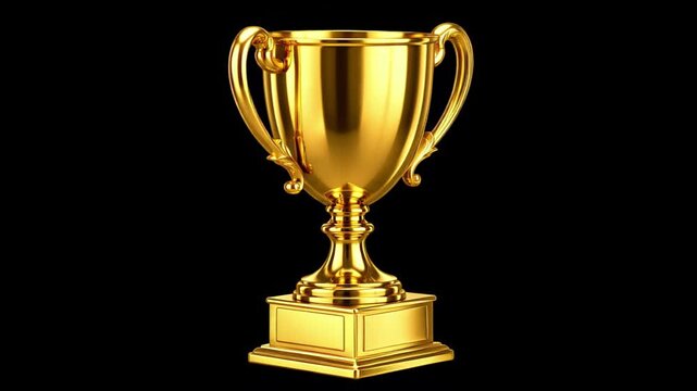 Golden trophy cup award concept, solid gold winning business success 3D animation on black background