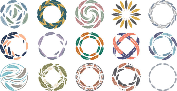 Feather circle vector set with bohemian wreath designs