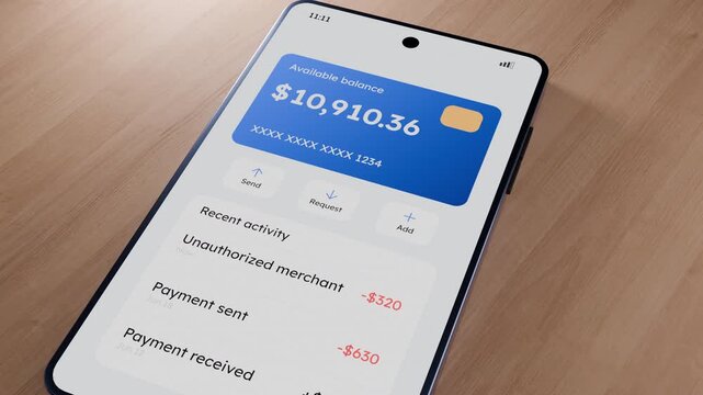 Mobile banking app fraud, unauthorized transactions draining the bank balance, credit card blocked security alert. 3D generic smartphone model