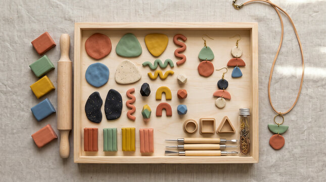 Kit de manualidades con arcilla polim&eacute;rica de colores, herramientas de modelado, pintura y barniz sobre fondo blanco. Vista superior.