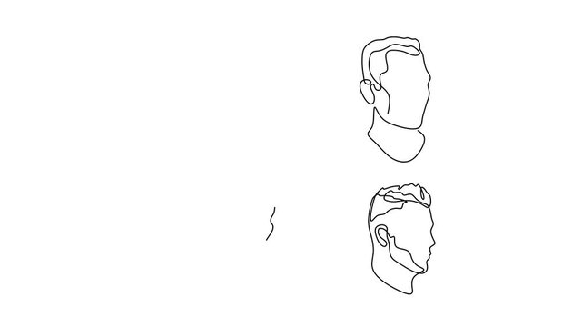 Animated self drawing of continuous line draw of  Male Profile Outlines Three Distinct Hairstyles. Full length one line animation. 4K