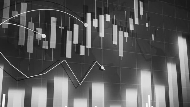 Financial chart background with rising bar graph and candlestick market data showing growth profit and upward trend animation