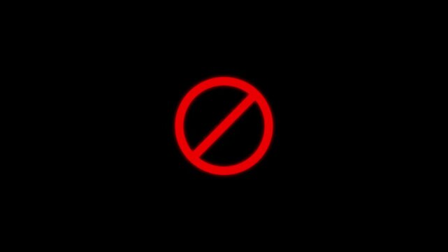 Warning, stop or no entry forbidden red circle on black background. Animation of delete, denied, ban or block icon. Warning Prohibition Sign with Red Circle 4K Motion Graphics.