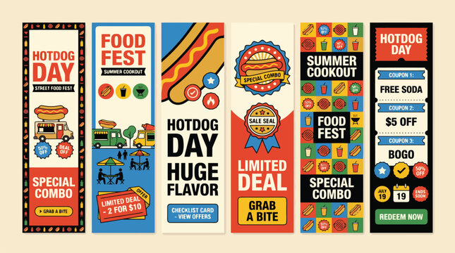Retro hotdog day festival banners, vintage food truck event posters, summer cookout promotional flyers, set of 6 vertical vector marketing templates