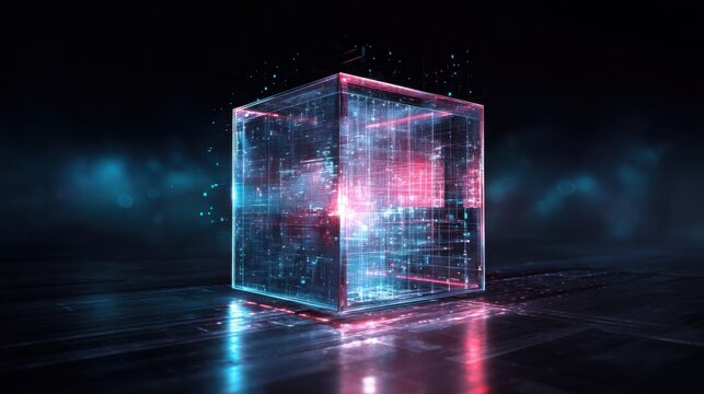 Glass holographic database cube cracked open with luminous data streams escaping into cyberspace, digital breach concept, premium futuristic