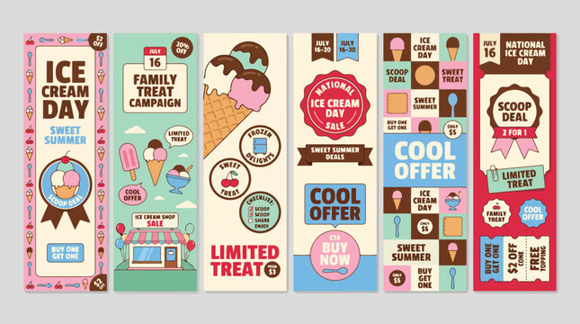 Retro National Ice Cream Day vertical banner set, vintage dessert shop promotion posters, sweet summer treat marketing flyers with 6 vector designs