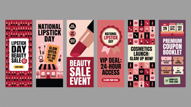 National Lipstick Day beauty sale banners, cosmetics marketing vertical flyers, premium coupon booklet and makeup promotion vector set