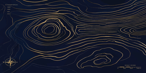 Topographic map contour lines on dark blue background with topographic elevation navigation cartography geography altitude technical abstract coordinate landscape orientation cartographic © MOHAMAD