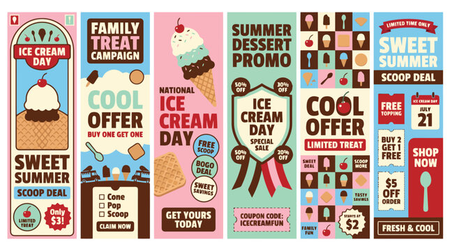 Retro ice cream day banner set, vintage summer dessert promo posters, vertical sweet treat campaign flyers with pastel colors and waffle cone graphics