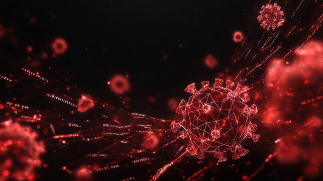 Glowing wireframe computer virus made of red neon polygons and flowing code fragments, floating in a dark cyberspace filled with binary particles