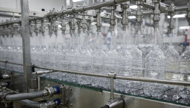 Medium shot of a PET bottle rinsing line with empty plastic bottles inverted and sprayed with sterile water showcasing efficient automated sanitation in beverage production.