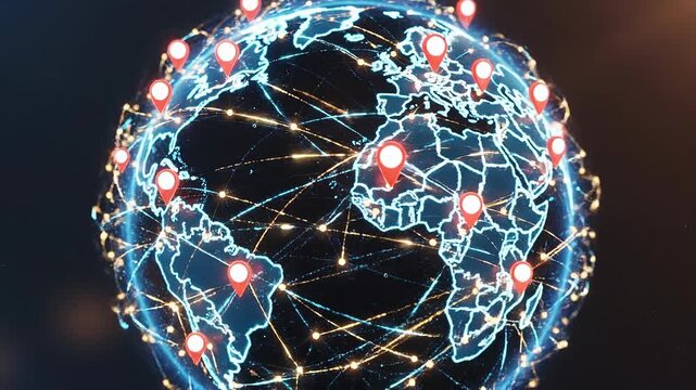 Global network connections with location markers on glowing digital world map for technology and communication