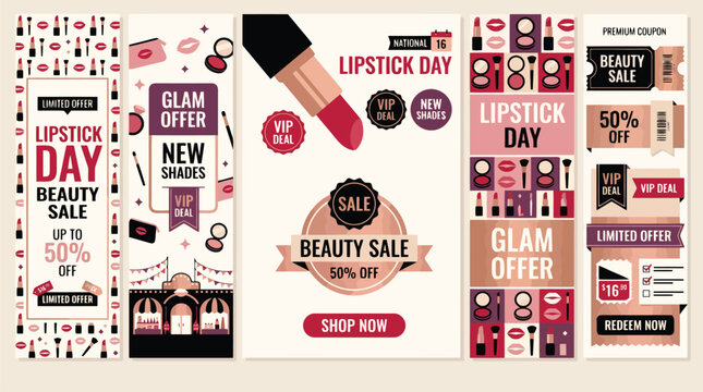 National Lipstick Day beauty sale banner set, pink and rose gold makeup promotion templates, cosmetic discount vouchers and social media stories
