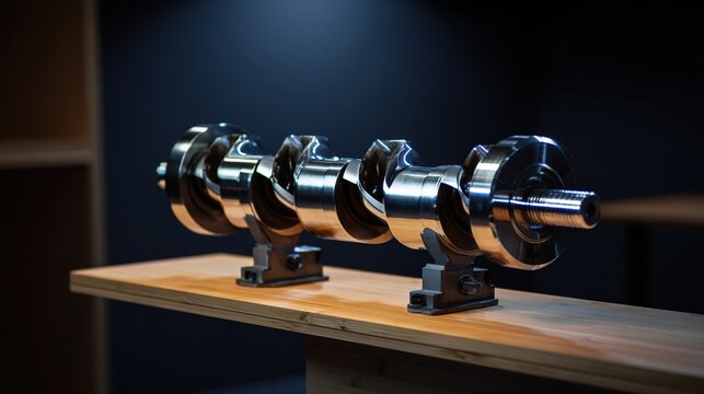 crankshaft. Polished steel crankshaft on a workshop bench, gleaming under a spotlight, industrial aesthetic. safety posters.