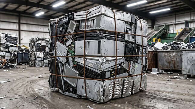 Electronic waste recycling demonstrated by computer hardware disposal organized into a compressed bale inside an ewaste recycling facility