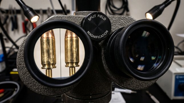 Forensic ballistics microscope displaying a bullet casing comparison during a technical crime lab investigation