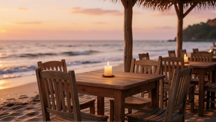 Fototapeta premium Dining table with candle on a tropical beach at sunset with ocean waves in a peaceful atmosphere