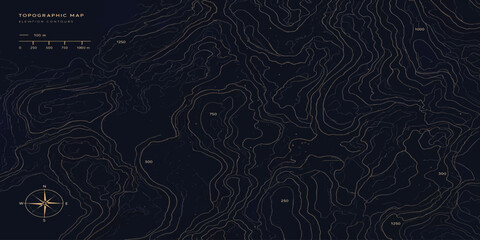 Dark blue topographic map with compass and scale topographic navigation geography cartography elevation topography abstract background technical orientation direction geometry physical © MOHAMAD
