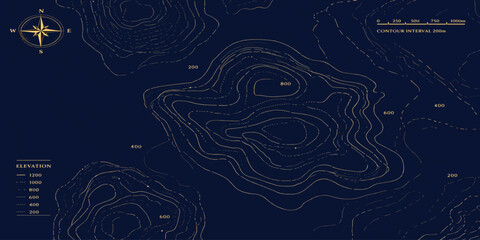 Detailed topographic map concept with golden contours and compass rose on dark background topographic cartography geography navigation landscape elevation background abstract direction © MOHAMAD