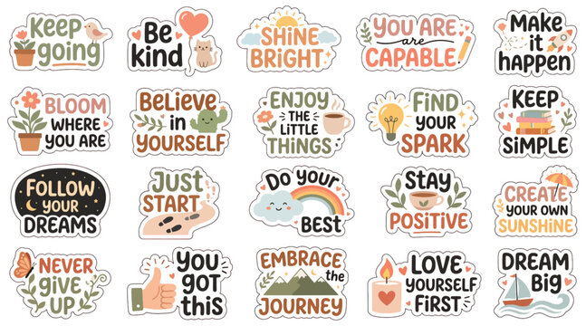 Collection of positive affirmation stickers with uplifting messages and botanical