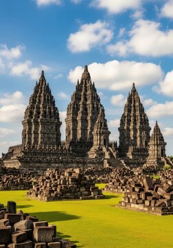 Ancient Prambanan Hindu Temple Complex in Yogyakarta, Indonesia, Featuring Intricate Stone Carvings and Blue Sky