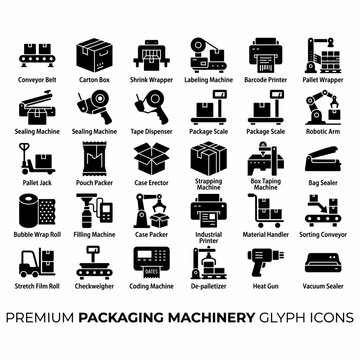 A comprehensive set of black glyph icons illustrating various packaging machinery and industrial equipment used in manufacturing and logistics.
