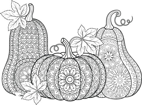 Three pumpkins with intricate mandala patterns and maple leaves, coloring page