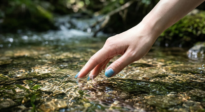 Close-up of a woman's hand touching the clear water of a mountain stream.