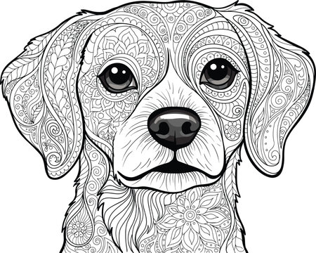 Zentangle dog portrait with intricate floral and geometric patterns