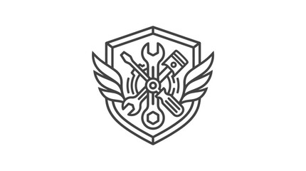 Obraz premium Corporate Shield Logo Design Featuring Wrenches Gear and Feather Wings in Monochromatic Line Art