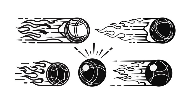 Vector set of black and white bocce ball icons featuring stylized speed trails and flame effects on a white background, perfect for sports logos and lawn game competition graphics.