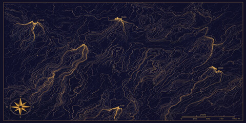 Topographic map illustration in dark navy with golden contour lines and compass rose topographic cartography geography navigation landscape elevation background abstract direction artistic © MOHAMAD