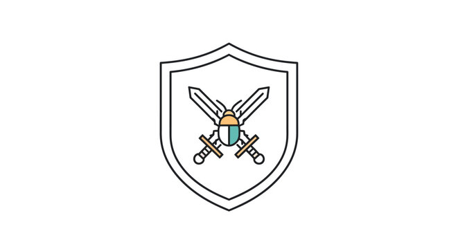 Shield with crossed swords icon graphic.