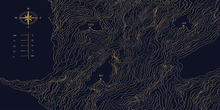 Topographic map elevation lines with compass rose on dark background topography navigation geography elevation cartography direction background abstract technical orientation landscape