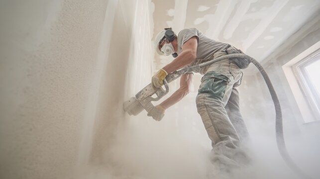 Professional finisher sanding drywall joints with a vacuum connected sanding tool, bright unfinished interior, dust controlled renovation concept