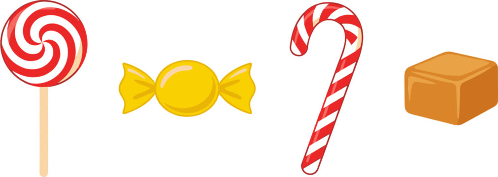 Sweet Candy and Confectionery Vector Set Featuring Swirl Lollipop Wrapped Hard Candy Striped Christmas Cane and Toffee Caramel Cube Icons