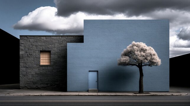 Minimalist geometric building with light blue brick wall dark stone corner and single blooming white tree on street under cloudy sky showing modern architectural photography concept