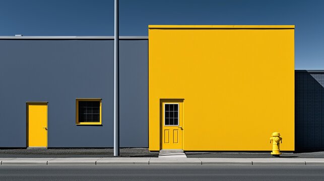 Minimalist geometric urban building facade with bright yellow and gray walls yellow doors and yellow fire hydrant along street under clear blue sky showing modern architectural photography