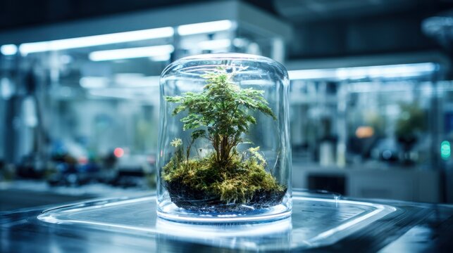 Rare medicinal herb growing inside a sealed transparent biolab terrarium, clean futuristic laboratory background, plant conservation