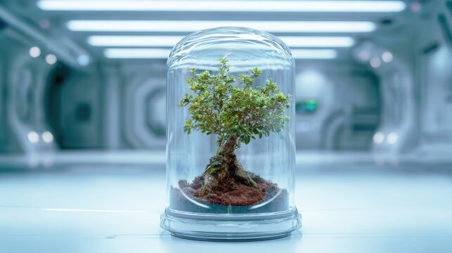 Rare medicinal herb growing inside a sealed transparent biolab terrarium, clean futuristic laboratory background, plant conservation