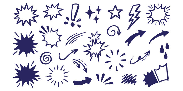 Set of hand drawn comic book speech bubbles arrows and doodle shapes