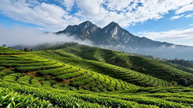 Tea fields on rolling hills with mountains