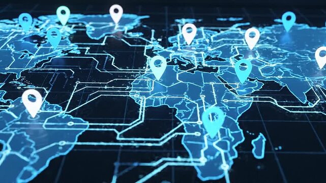Digital world map with glowing location pins and network connections representing global technology and communication