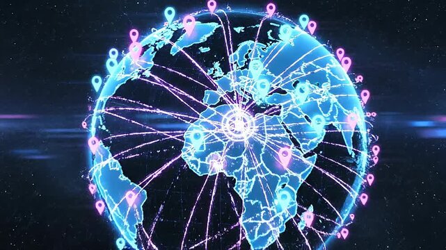 Global digital network connections with glowing location markers and data paths on world map