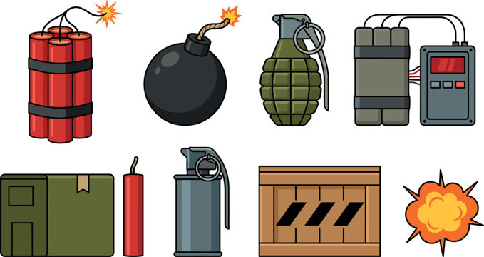 Explosive devices and bomb vector icon set featuring dynamite, grenade, detonator, explosive canister, and blast effect symbols collection