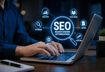 Fototapeta premium Hands Typing on Laptop with SEO Optimization Hologram Icons Overlay in Dark Office Setting