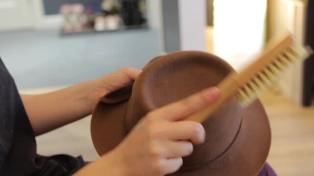 A brown hat is maintained with a wooden brush in a quiet indoor setting, highlighting dust removal and personal accessory care.