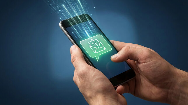 Hands holding a smartphone displaying an email icon and binary code streams, symbolizing digital communication and data transfer